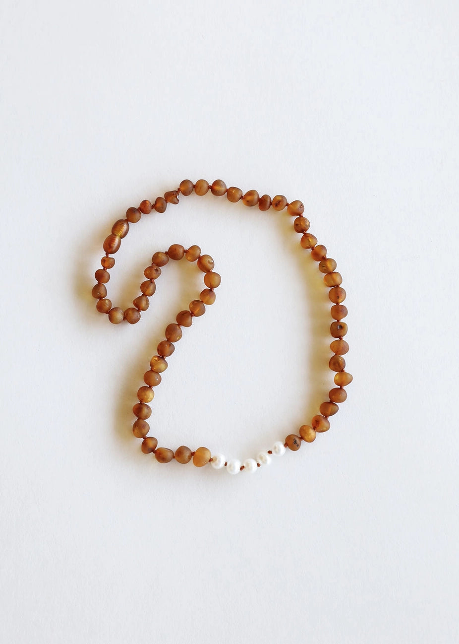 Raw Cognac Amber + Pearl Necklace