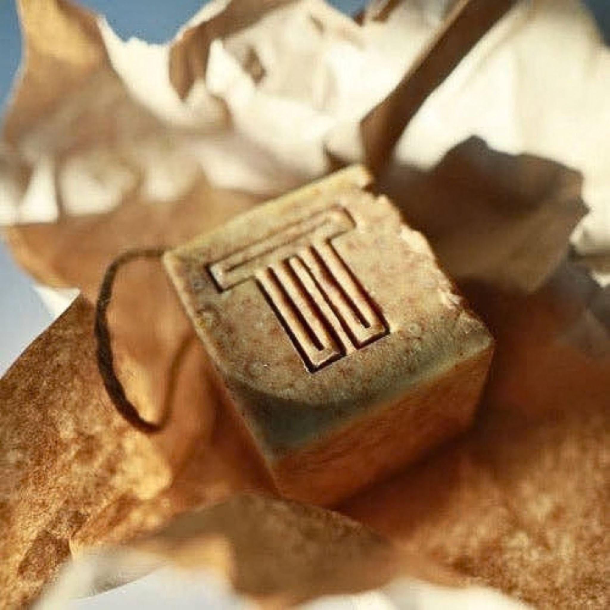 A bar of soap on a folded piece of brown paper.