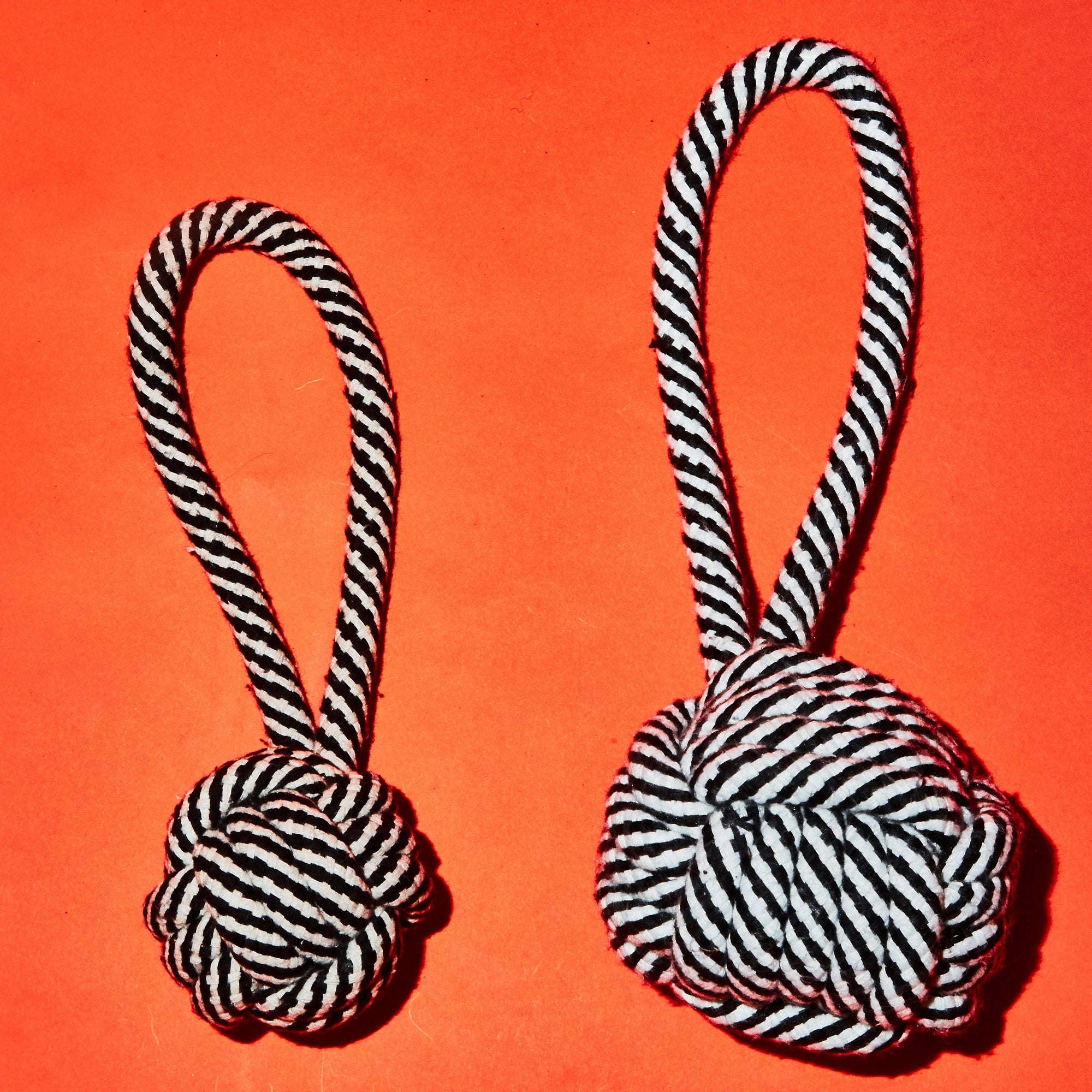Two black and white striped rope toys on a red background