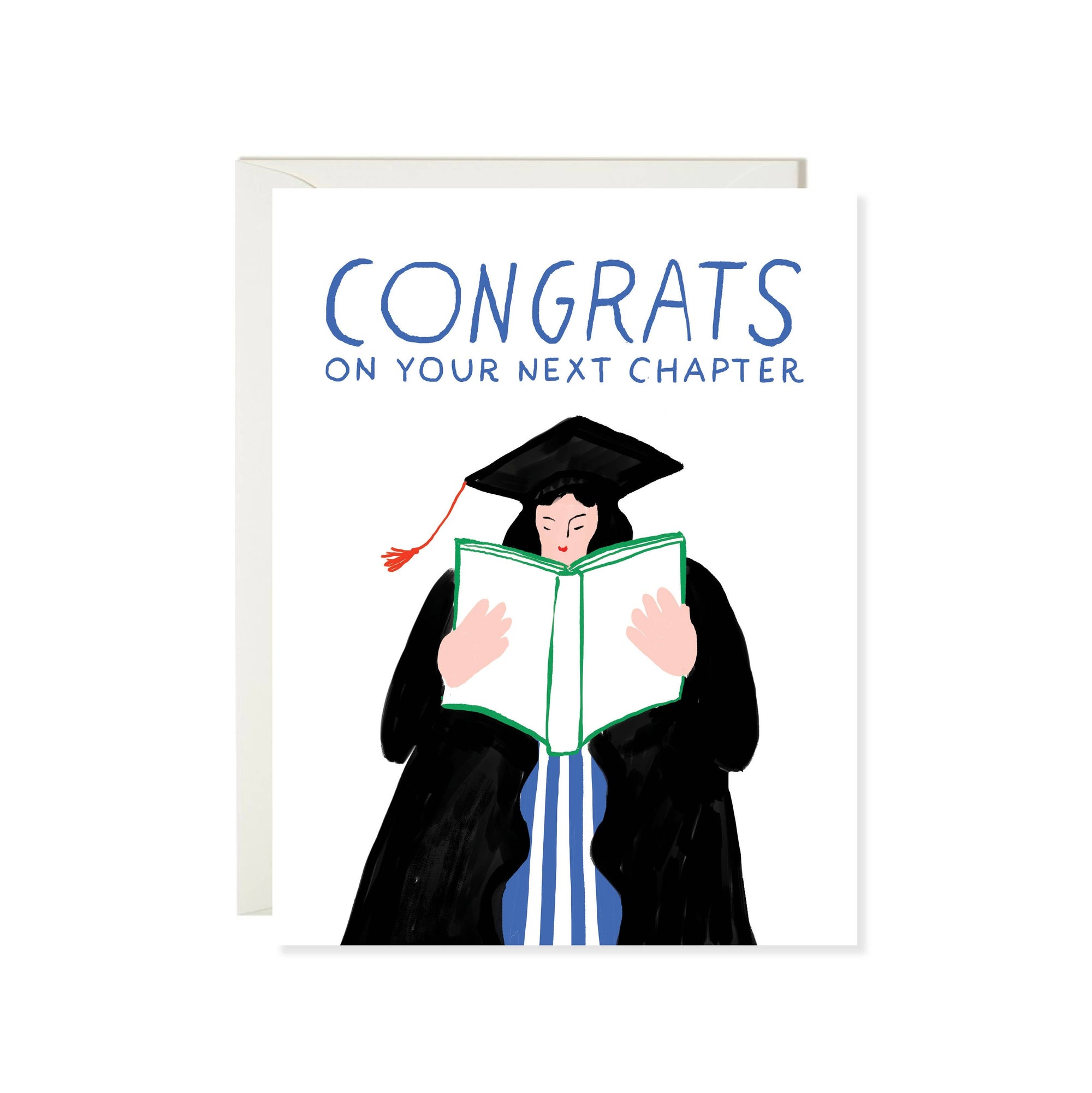 Graduation-themed card with a person in a cap and gown reading a book, and 'Congrats on Your Next Chapter' text.