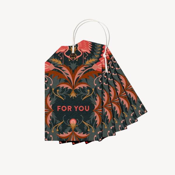 Floral gift tags with the words FOR YOU printed on them, on a plain background.