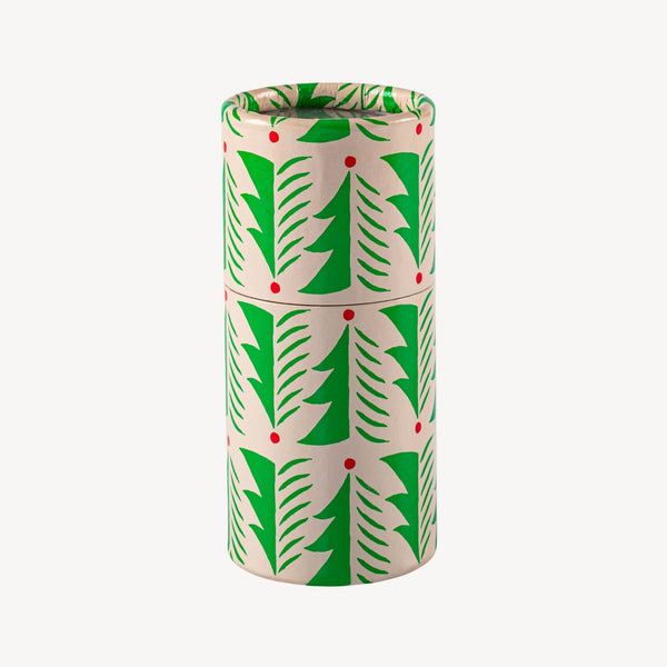Cylindrical container with green leaf pattern on a white background