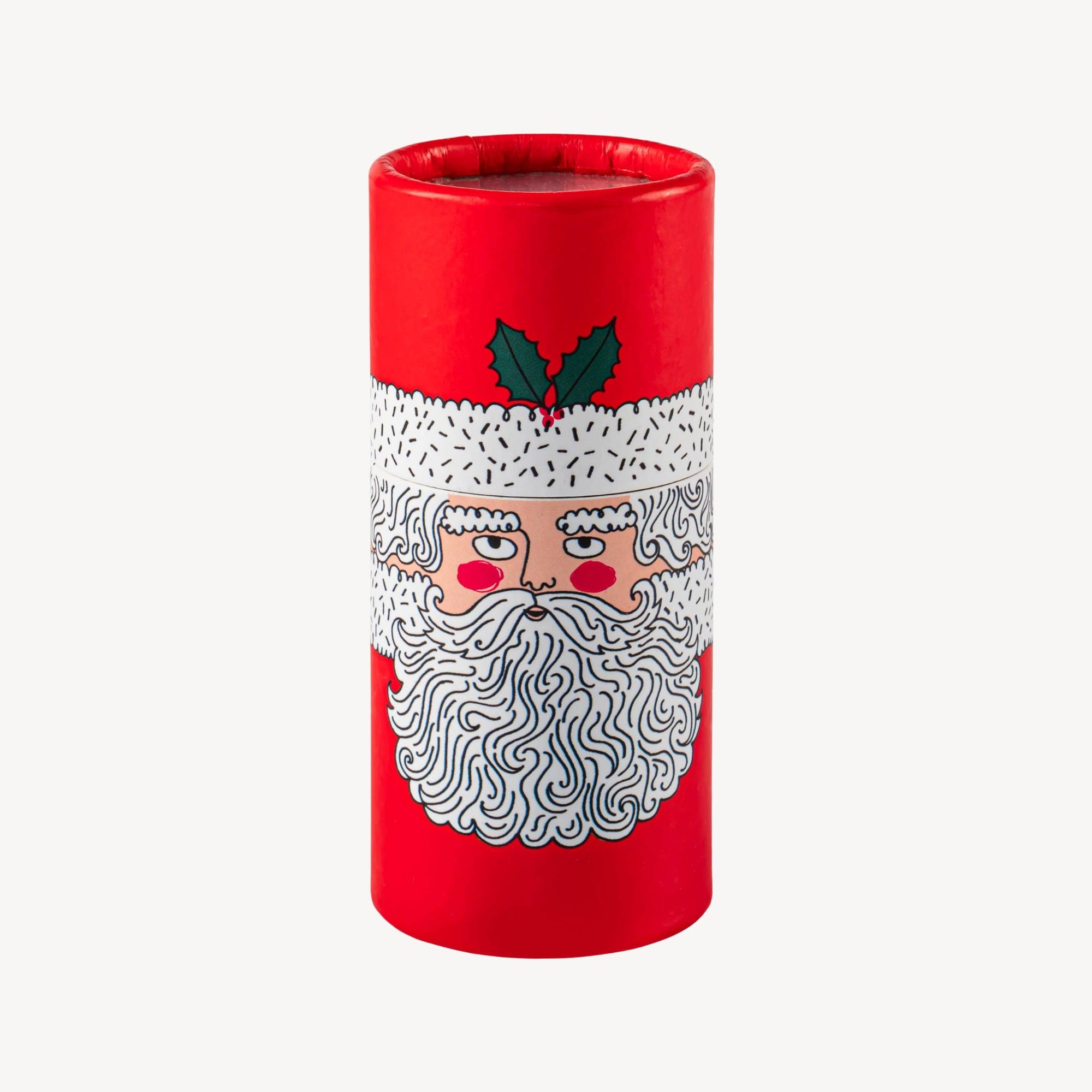 Red cylindrical container with a Santa Claus face design on a white background