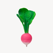 A single radish-shaped toy with a bright pink root and green leafy top, centered on a plain light gray background.