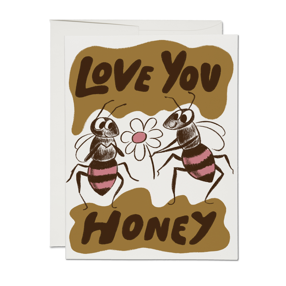 Greeting card with cartoon bees and 'Love You Honey' text on a white background