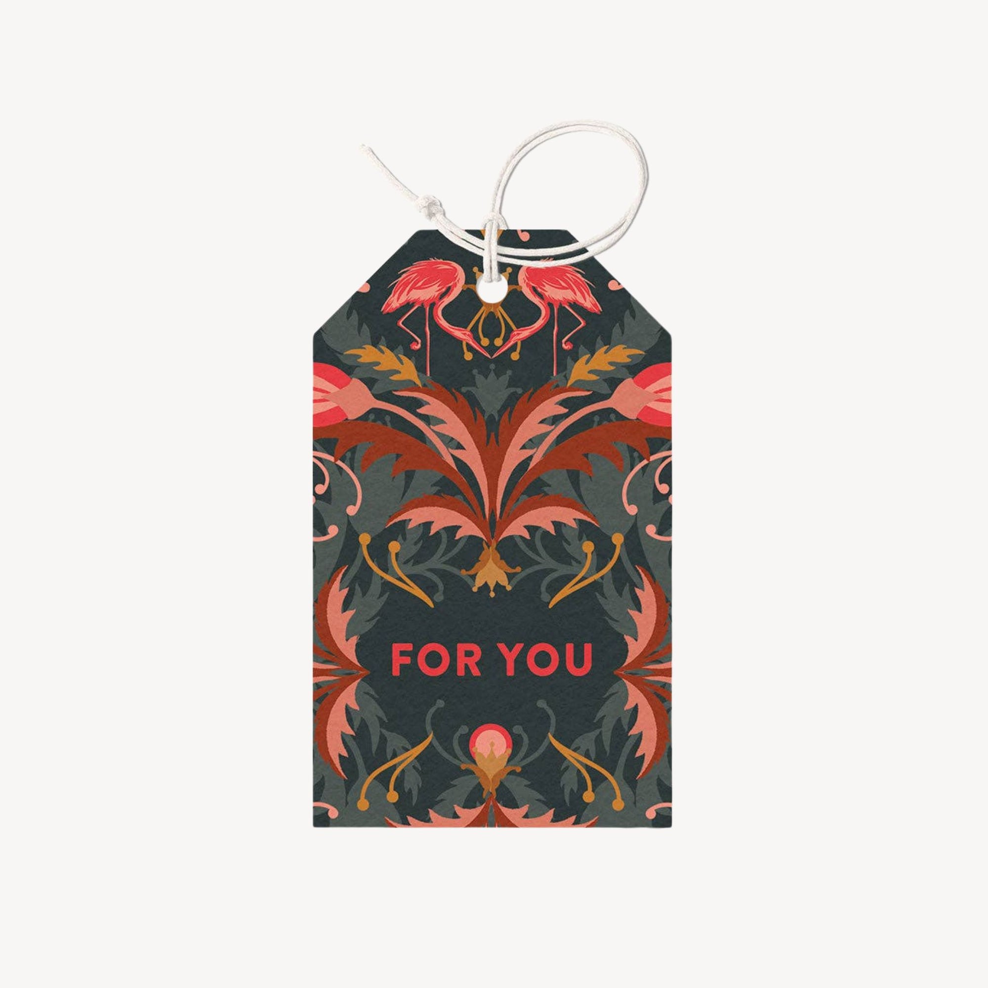 Floral gift tags with the words FOR YOU printed on them, on a plain background.