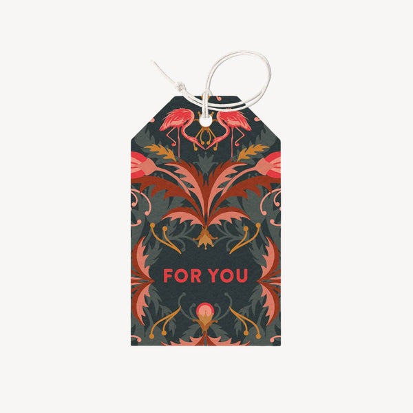 Floral gift tags with the words FOR YOU printed on them, on a plain background.