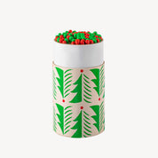 Decorative cylindrical container with green and red pattern on a white background