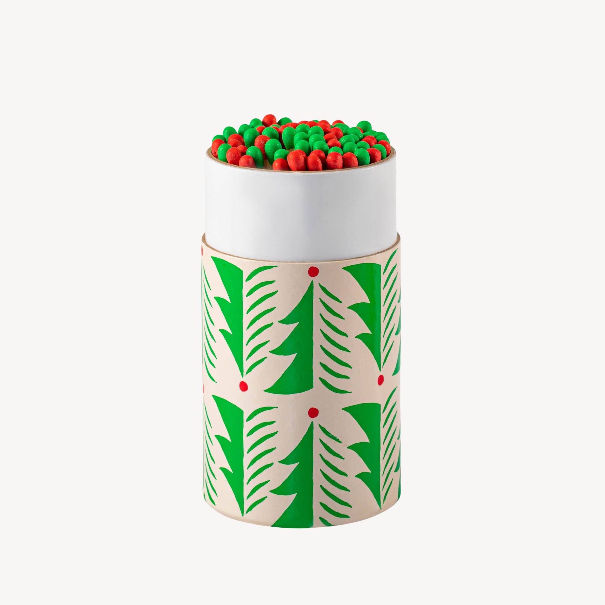 Decorative cylindrical container with green and red pattern on a white background