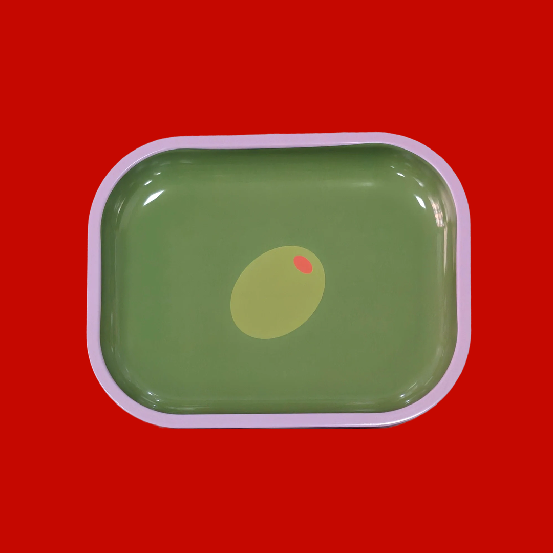 Green tray with a olive illustration on a red background