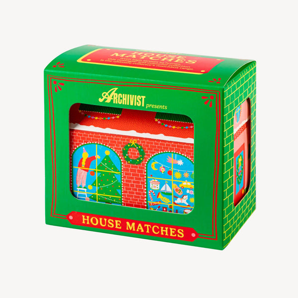Box of 'House Matches' by Archivist with colorful illustrations on a white background