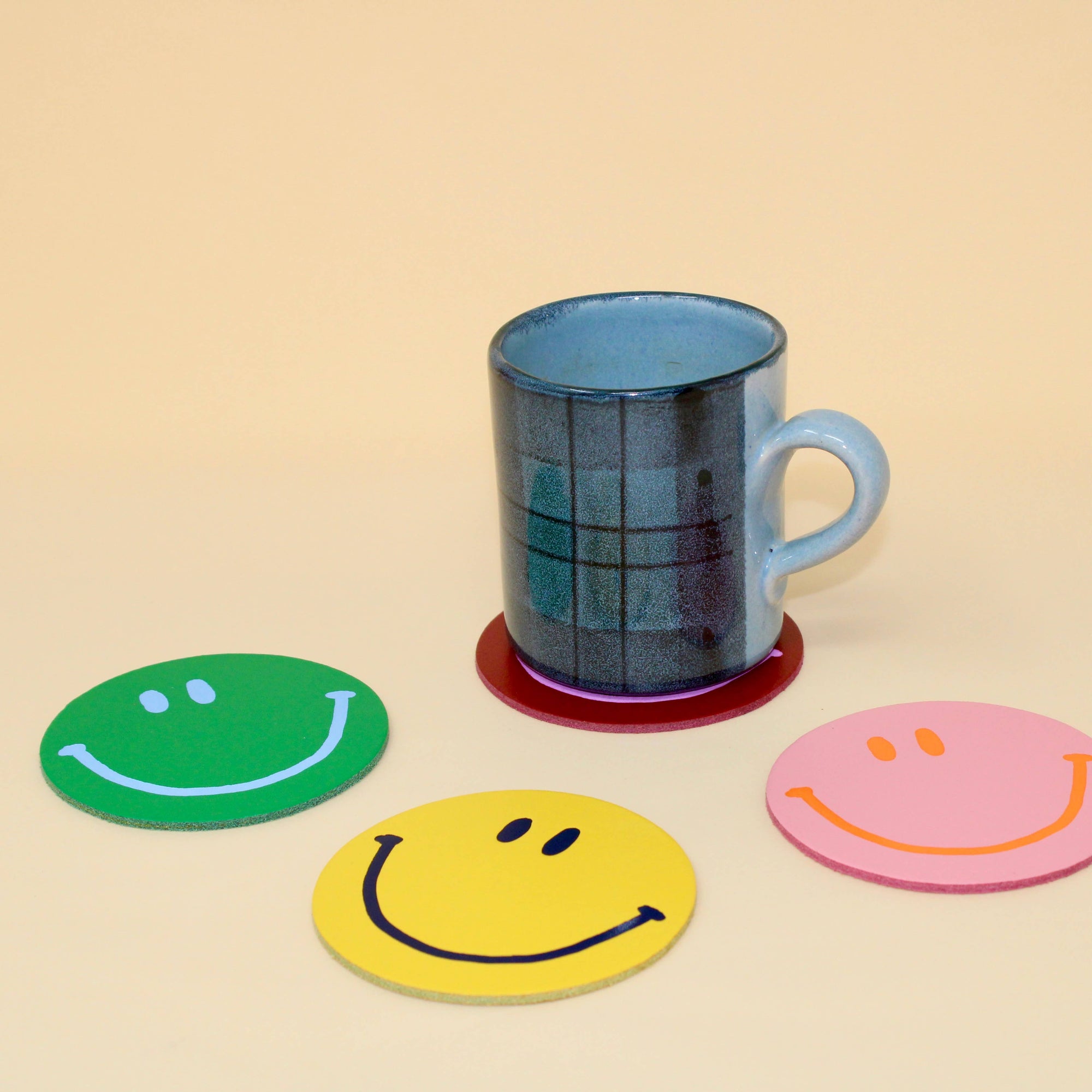 Happy Smiley Face Leather Coaster Set