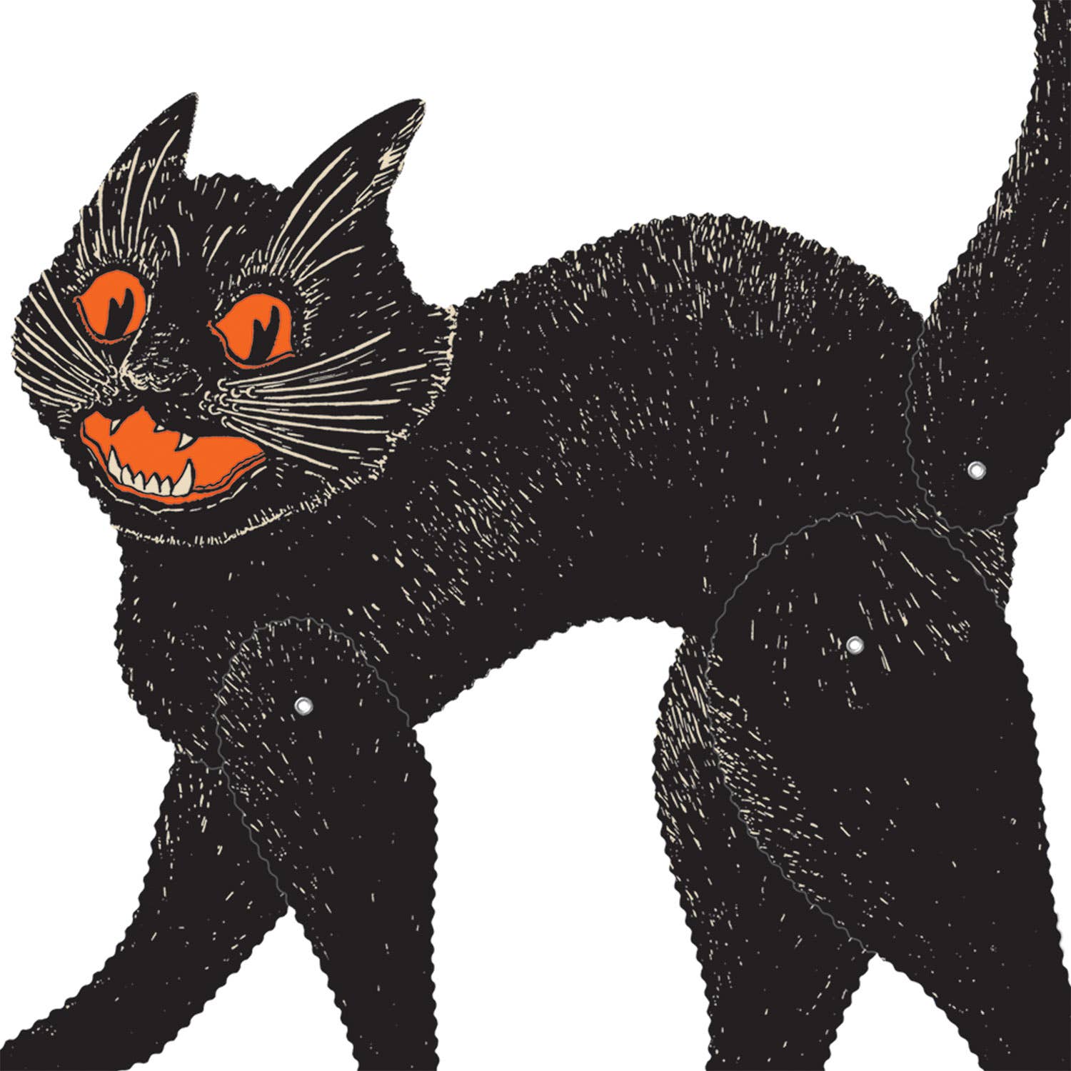 Black cat with orange eyes and mouth on a white background
