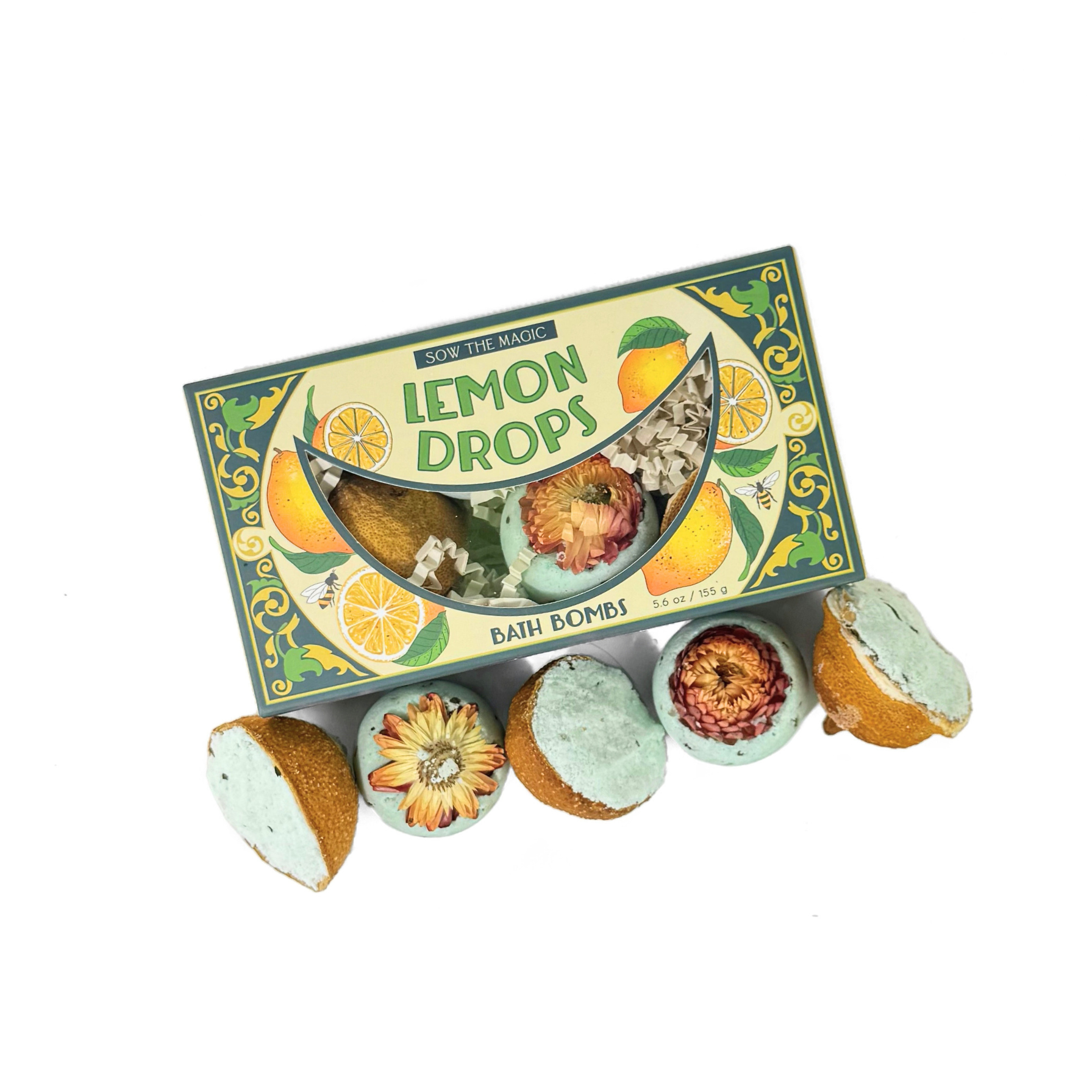 Box of Lemon Drops bath bombs with decorative packaging on a white background | RIDER