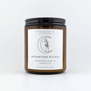 Moonstone Rituals candle with label on a white background