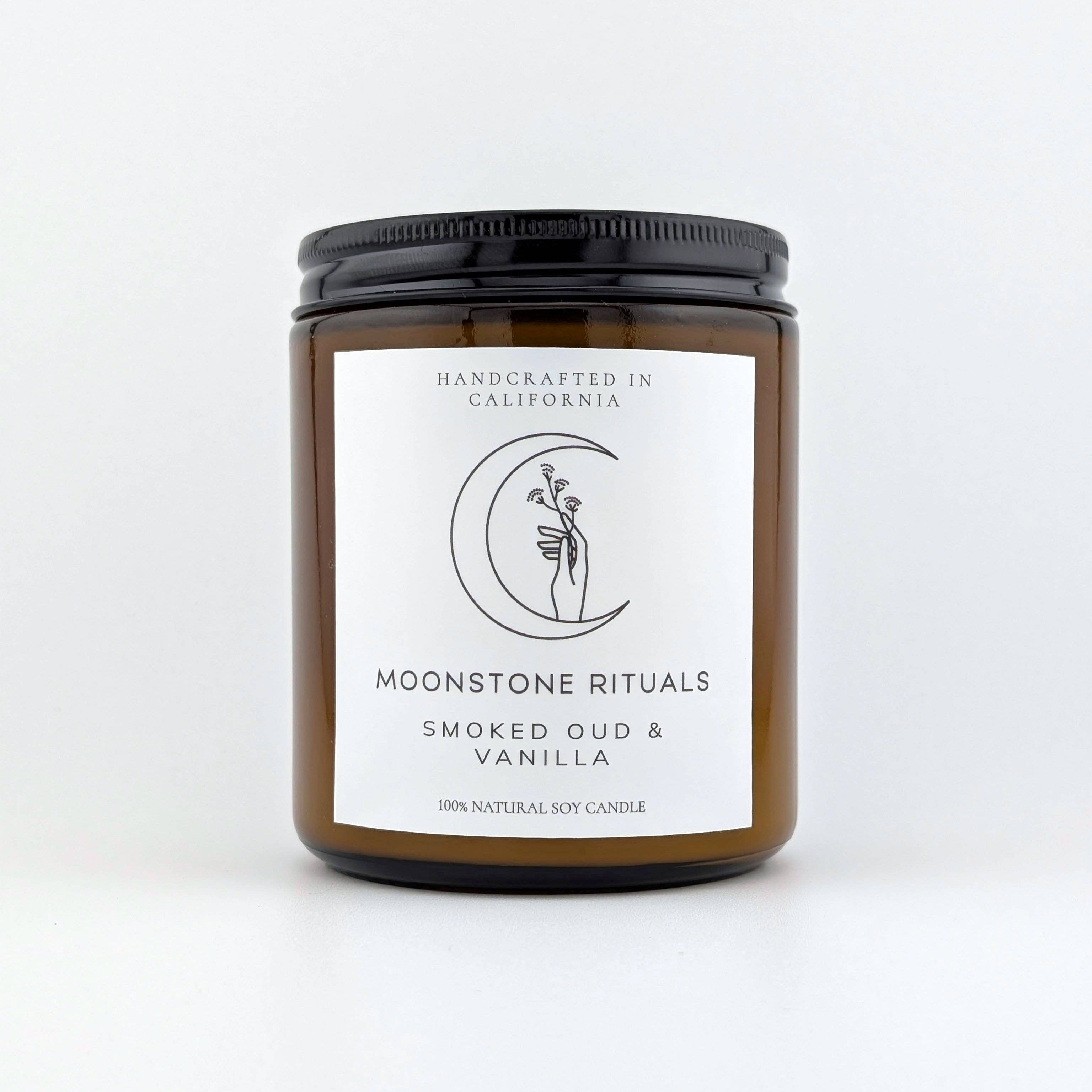 Moonstone Rituals candle with label on a white background