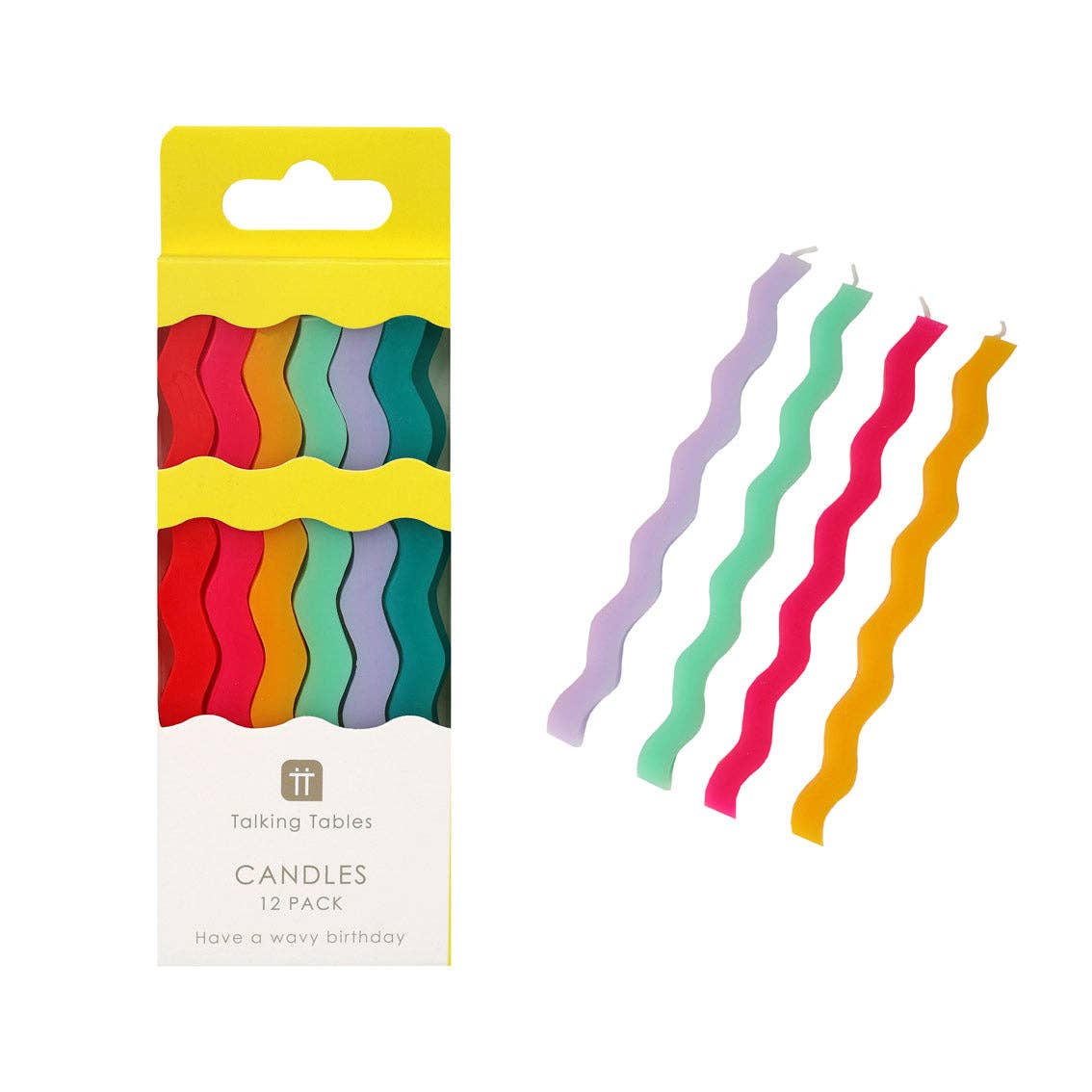 Packaged colorful wavy candles with a 'Talking Tables' label on a white background