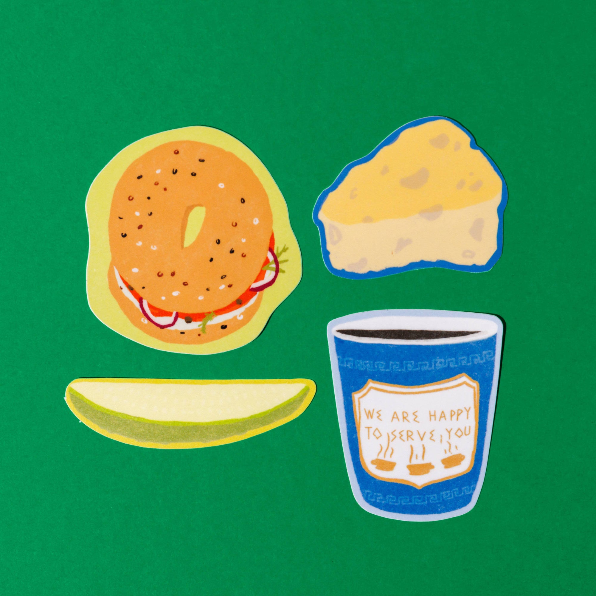 Illustrated bagel, coffee cup, and pastry on a green background