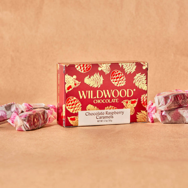 Box of Wildwood Chocolate Raspberry Caramels on a beige background