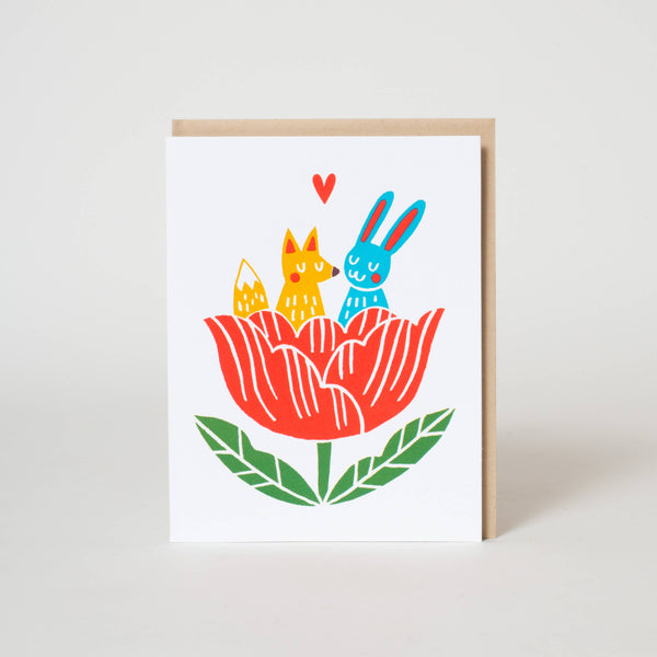 Fox & Bunny Tulip Greeting Card
