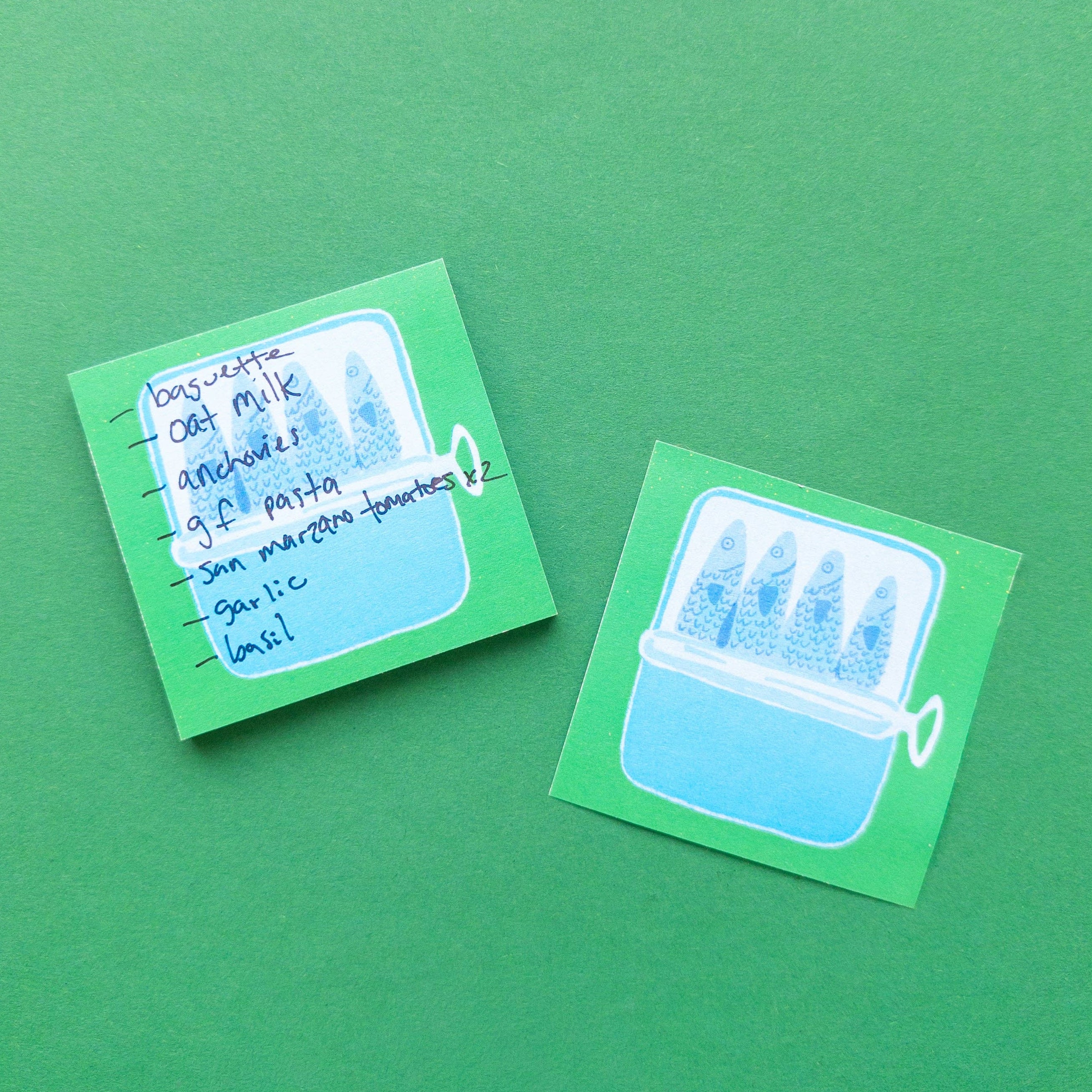Two green cards with blue illustrations and text on a green background