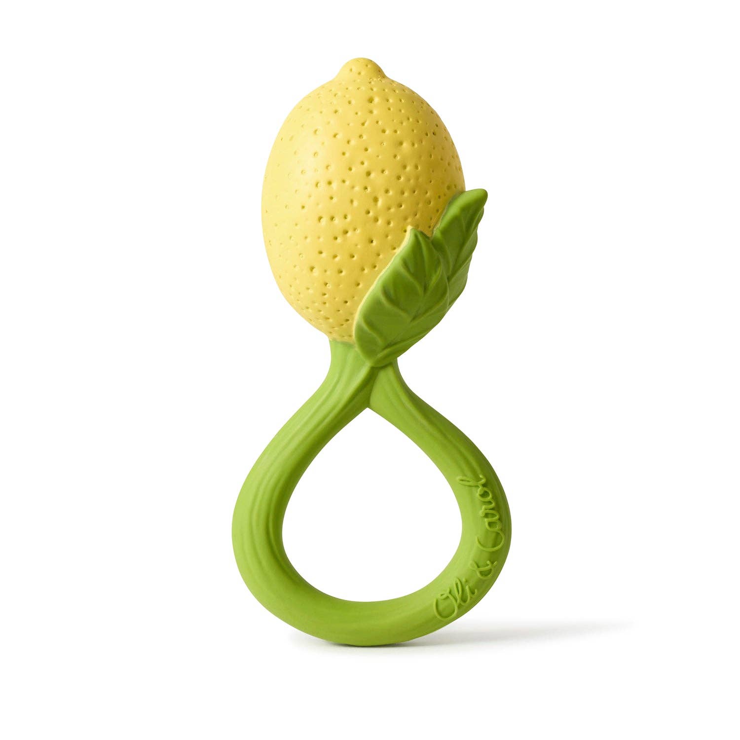 Yellow lemon-shaped teether with green base on a white background