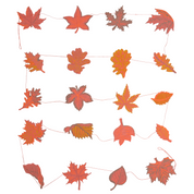 An autumn leaf garland featuring various red, orange, and brown maple and oak leaves connected by a thin pink string, shown against a plain white background.