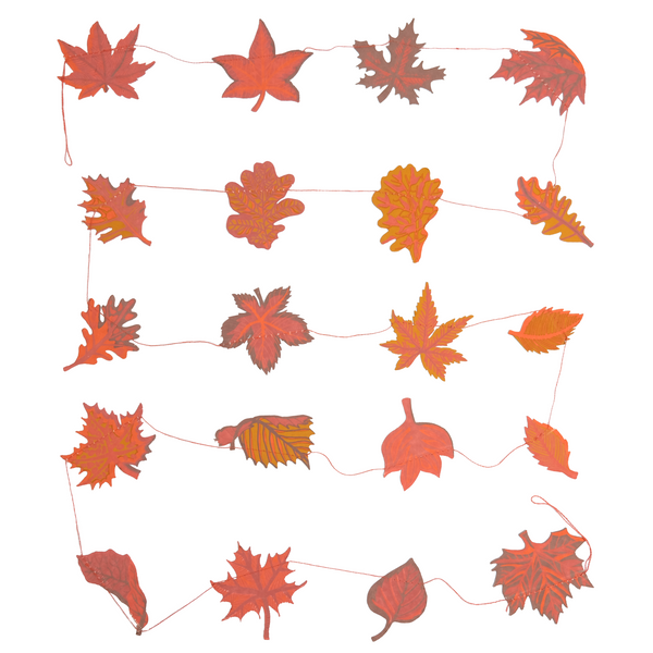 An autumn leaf garland featuring various red, orange, and brown maple and oak leaves connected by a thin pink string, shown against a plain white background.