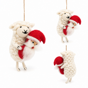 Three views of a wool felt Christmas ornament depicting a white sheep holding a red Santa Claus figure, shown on a plain white background.