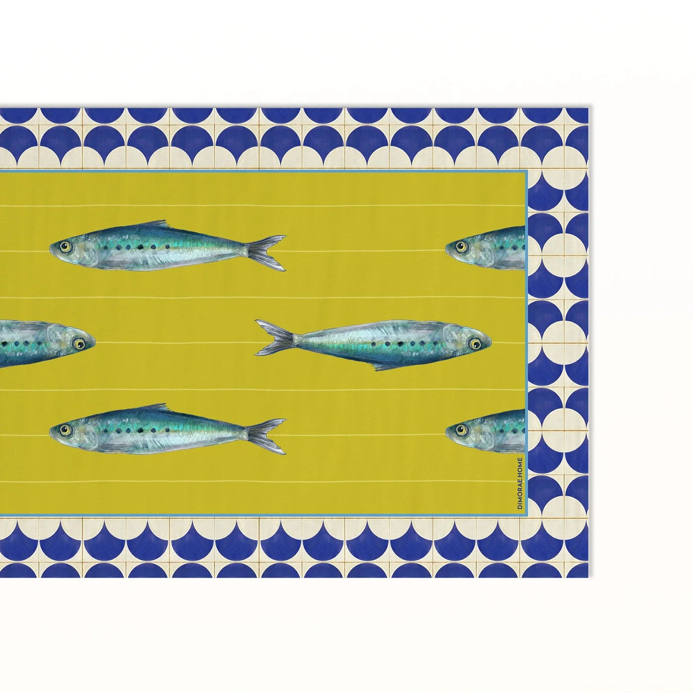 Patterned fabric with sardine design on a white background