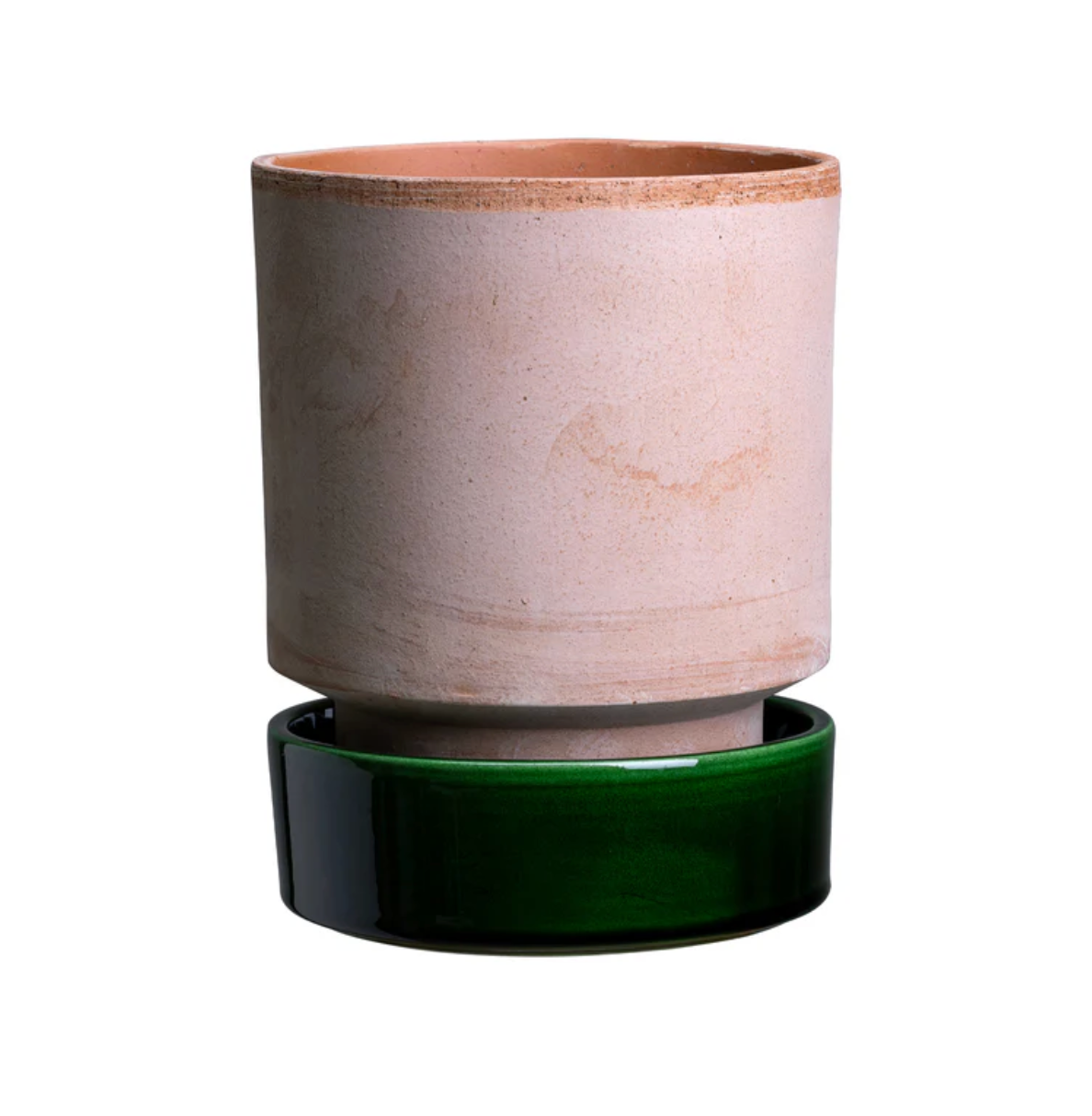 A modern ceramic planter with a matte, textured rose-colored upper cylinder and a glossy dark green base, shown on a plain white background.