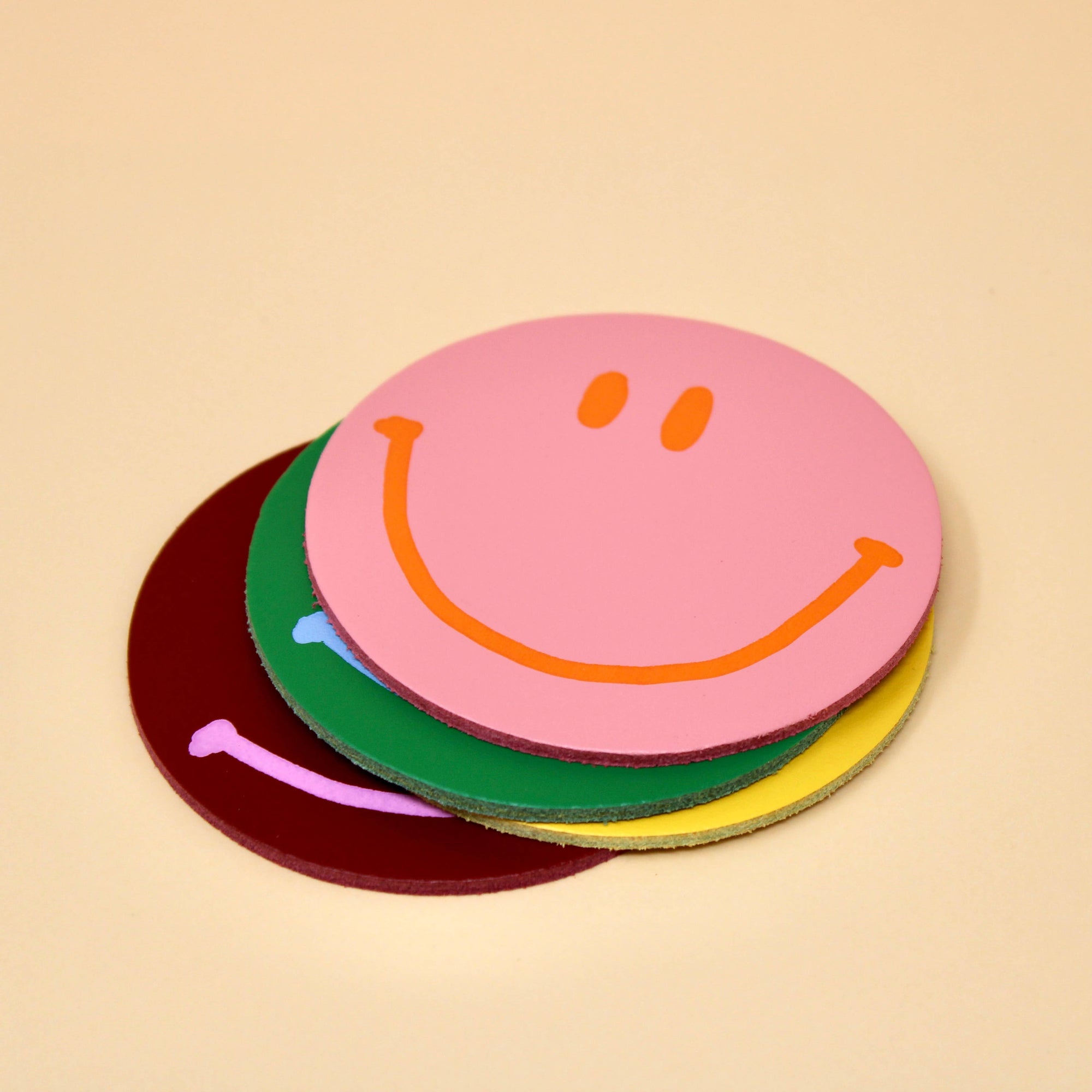 Happy Smiley Face Leather Coaster Set