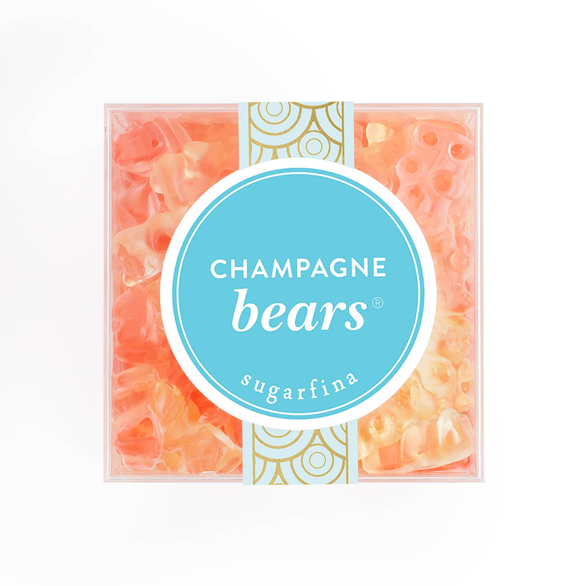 Packaging of Sugarfina Champagne Bears with a blue label on a white background