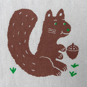 A close-up of a textured fabric featuring a stylized brown squirrel holding an acorn, with small green grass accents and green eyes.