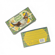 Two packaging boxes for 'Lemon Drops' with decorative elements on a white background.