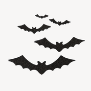 5 black glitter cut-out bats against a white background.