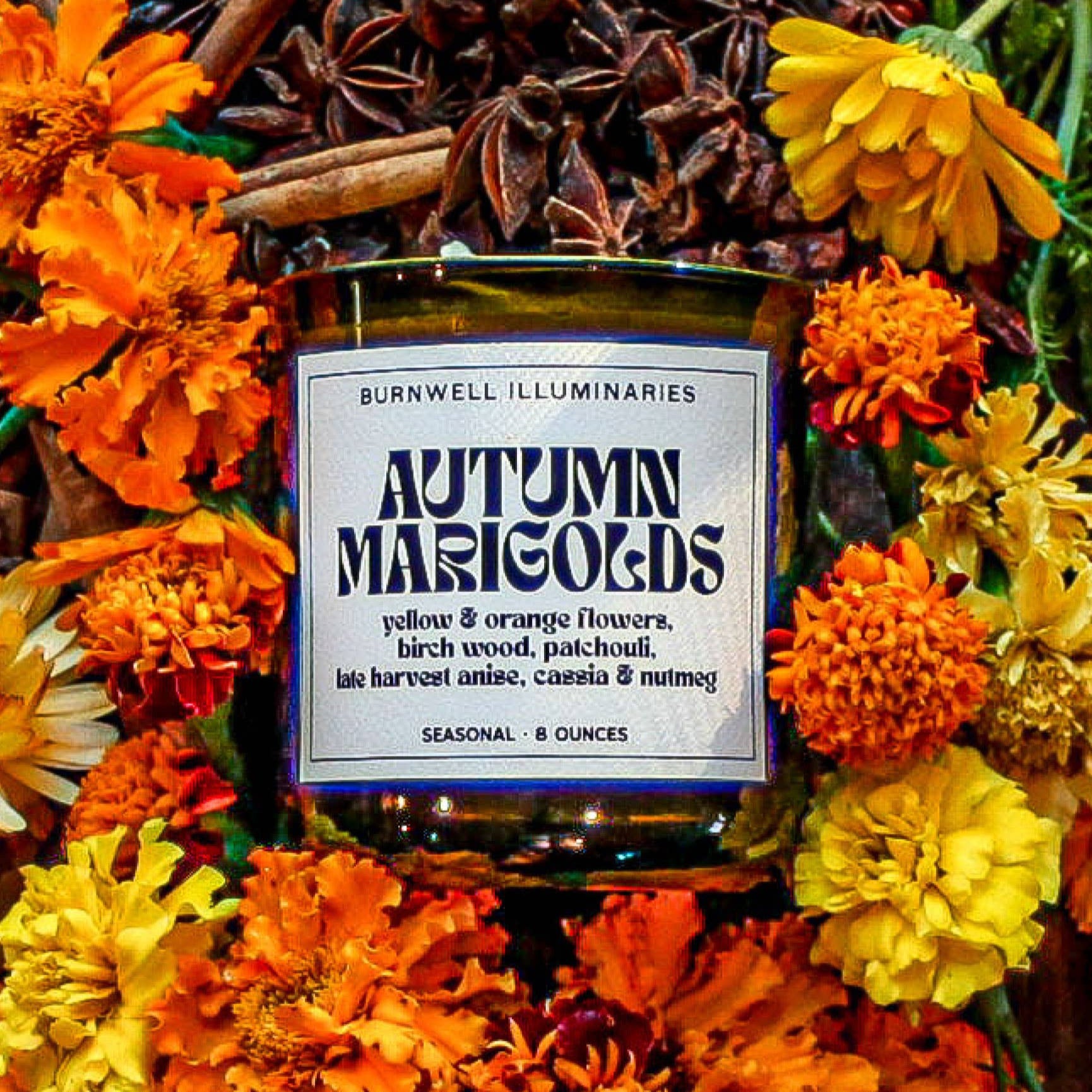 Candle labeled 'Autumn Marigolds' surrounded by marigold flowers and cinnamon sticks.
