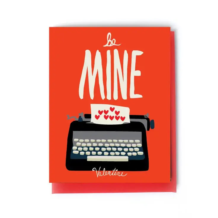 Valentine's Day card with typewriter illustration and 'be mine' text on a red background