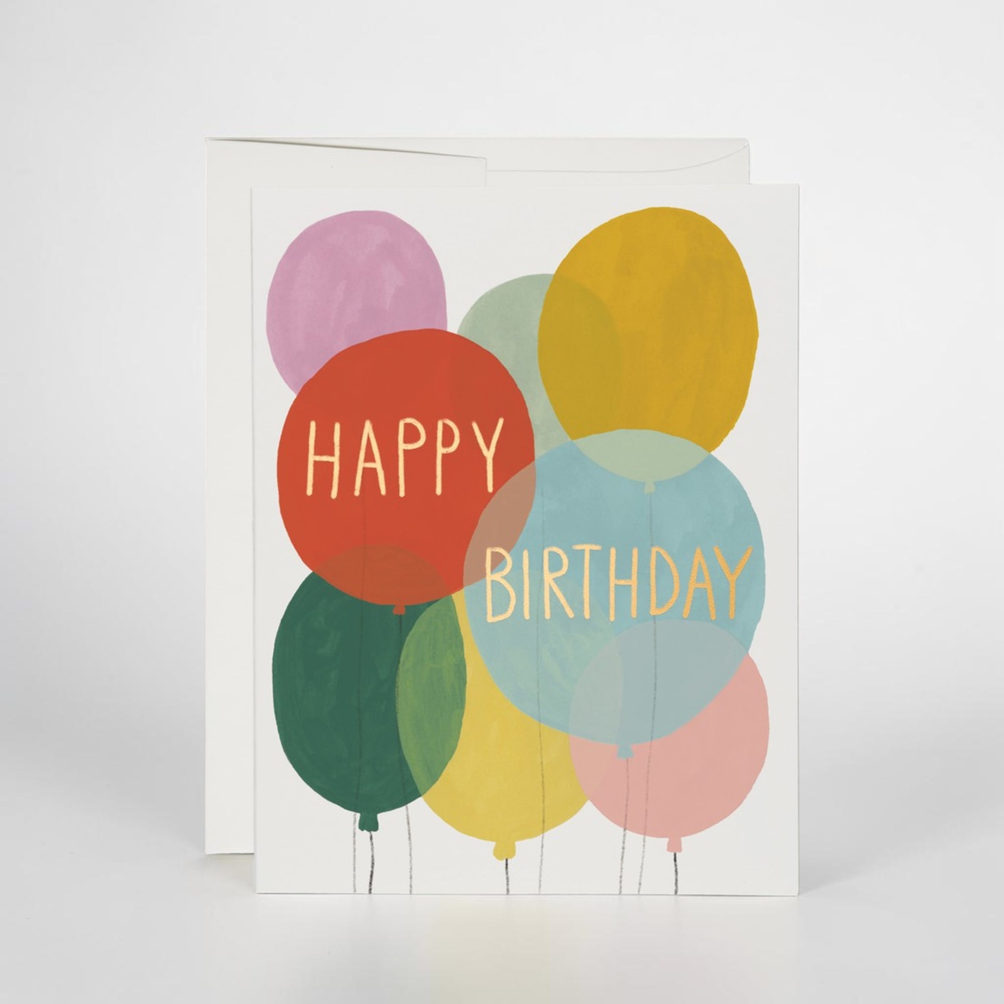 Birthday card with colorful balloons and the words Happy Birthday against a white background.