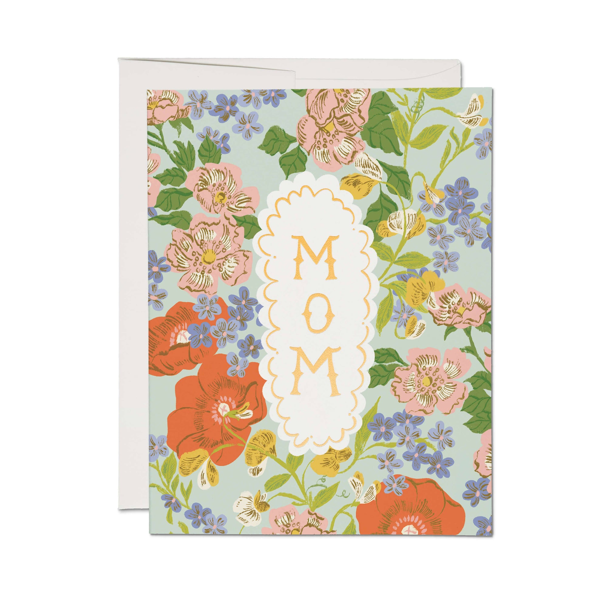 Floral card with 'MOM' text on a white background