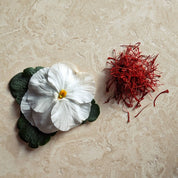 A flower and pile of saffron against a natural background.