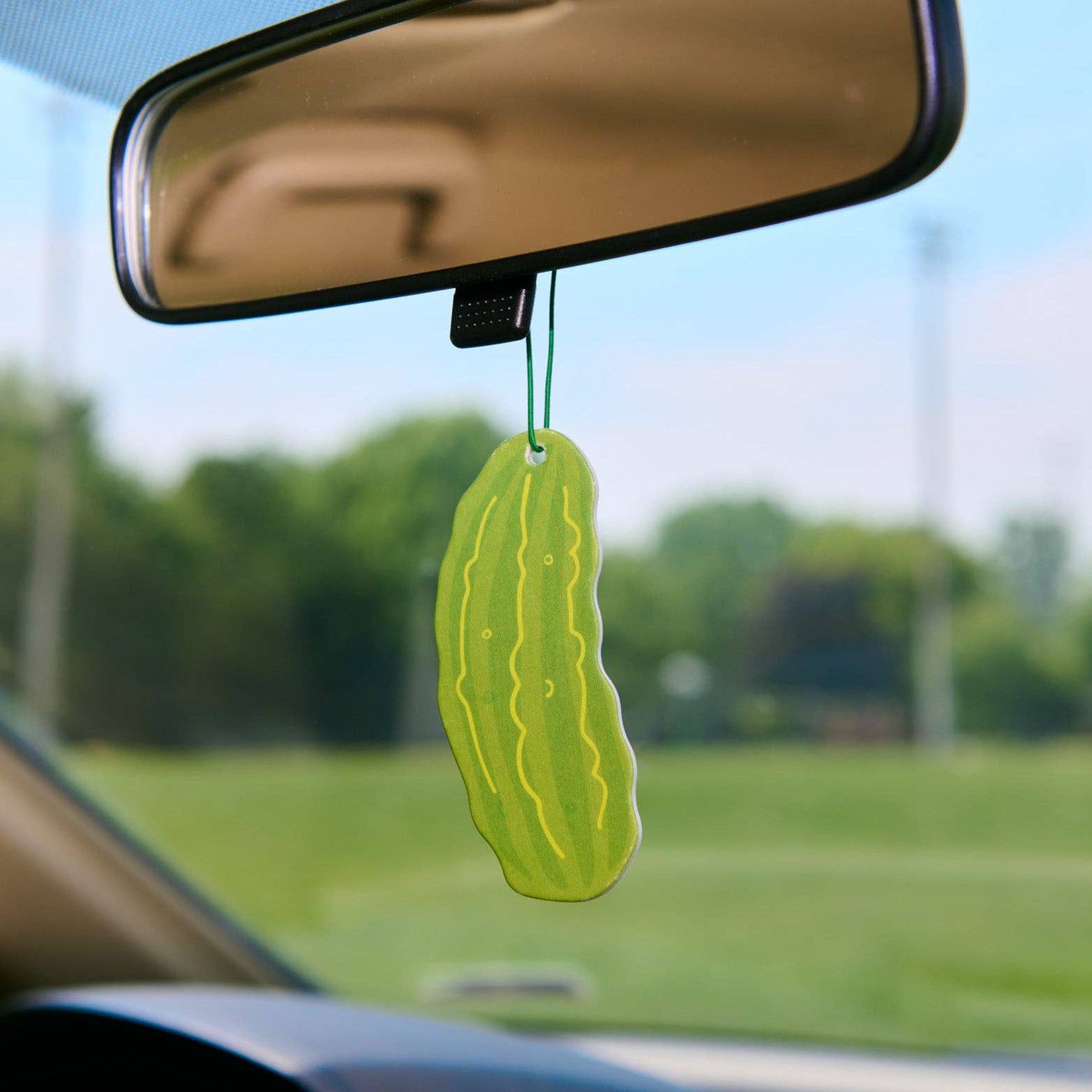 Car air freshener shaped like a pickle hanging from a car's rearview mirror with a blurred outdoor background.