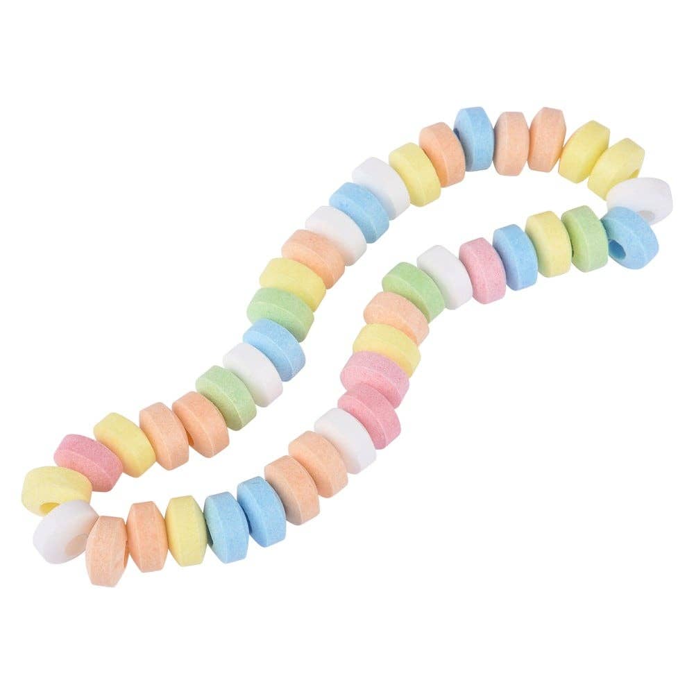 A multi-colored candy necklace on a white background.