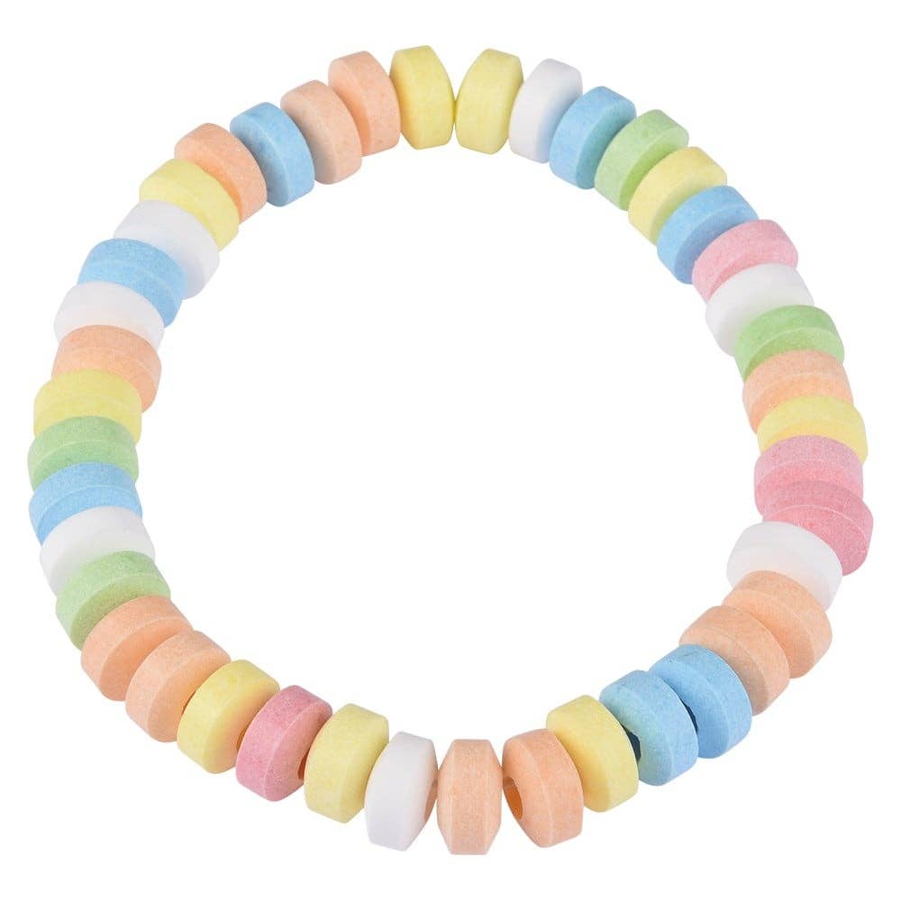A multi-colored candy necklace on a white background.
