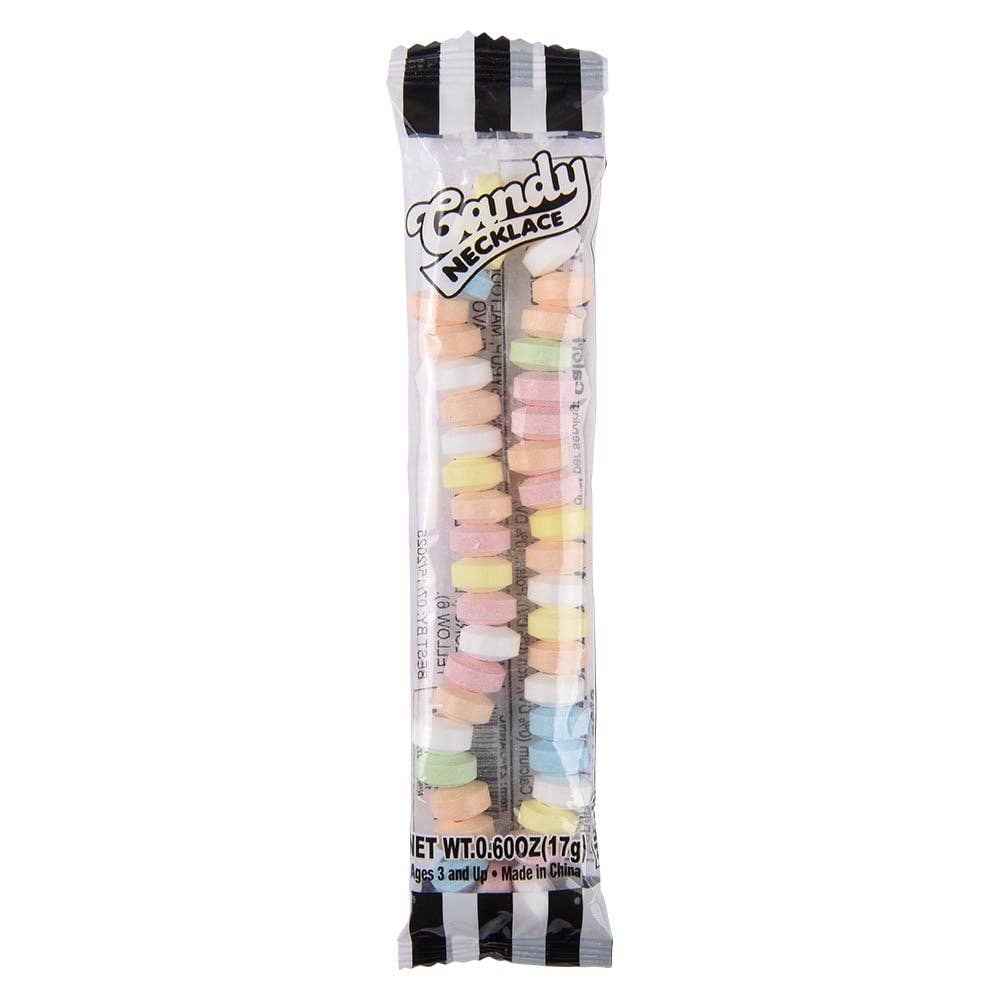 A candy necklace in its plastic packaging.