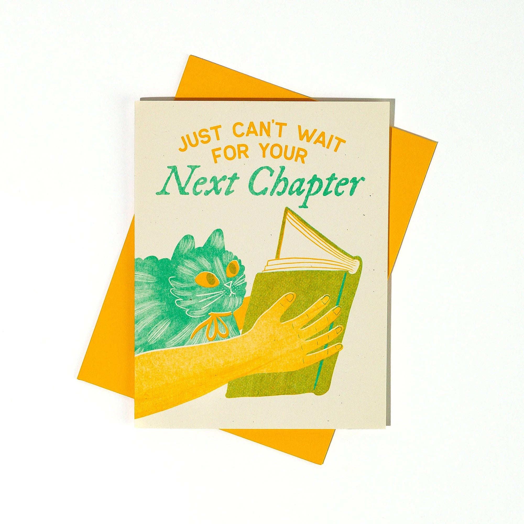 Greeting card with a hand holding a book and text 'Just can't wait for your next chapter' on a white background.