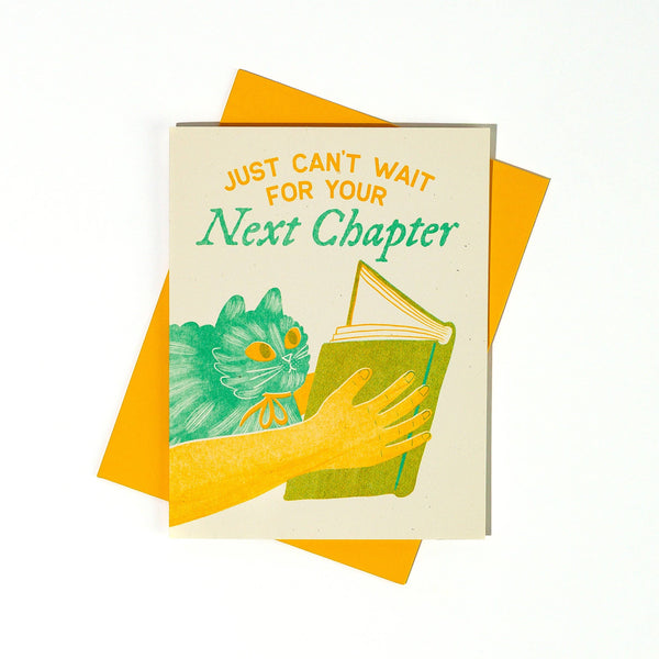 Greeting card with a hand holding a book and text 'Just can't wait for your next chapter' on a white background.