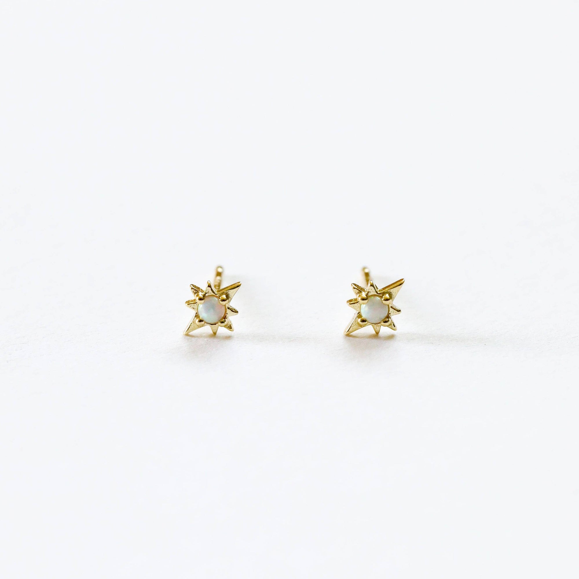 Gold earrings with a central gemstone on a white background
