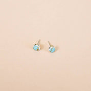 Pair of silver earrings with turquoise stones on a beige background