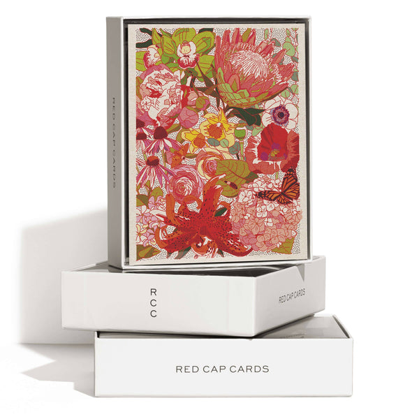 Floral card design with 'Red Cap Cards' branding on a white background